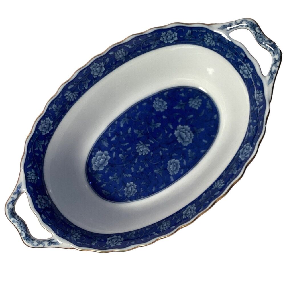 Blue Floral Porcelain Serving Bowl with Handles